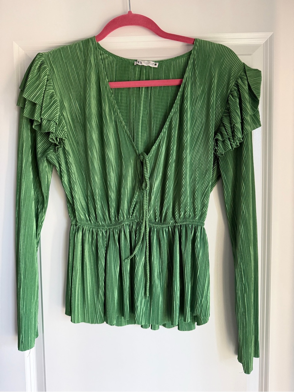 Zara Emerald Green Pleated V-Neck Tie-Front Peplum Blouse